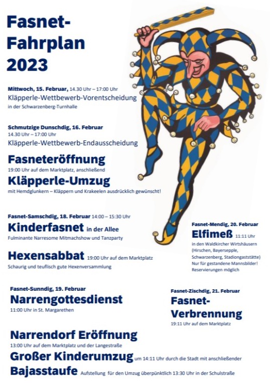 Fasnet-Fahrplan Waldkirch 2023