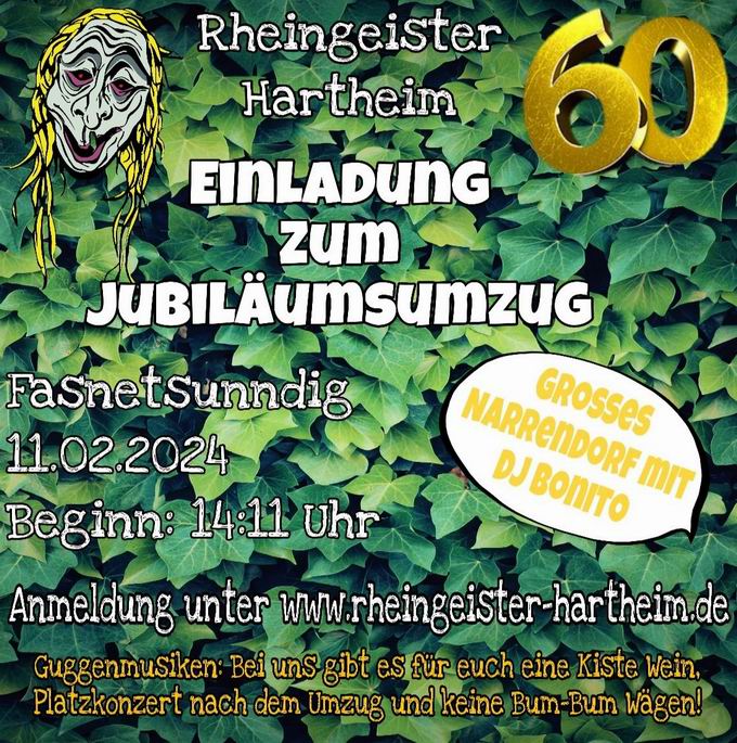 Jubiläumsumzug 60 Jahre Rheingeister Hartheim 2024 Jubiläumsumzug 60 Jahre Rheingeister Hartheim 2024