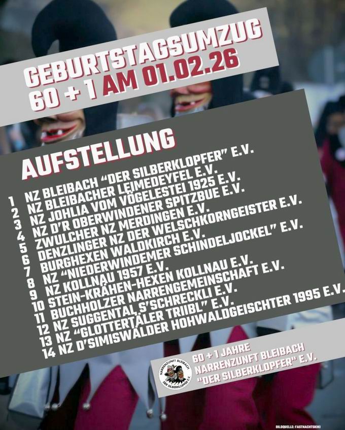 Geburtstagsumzug 60+1 Jahre Narrenzunft Bleibach